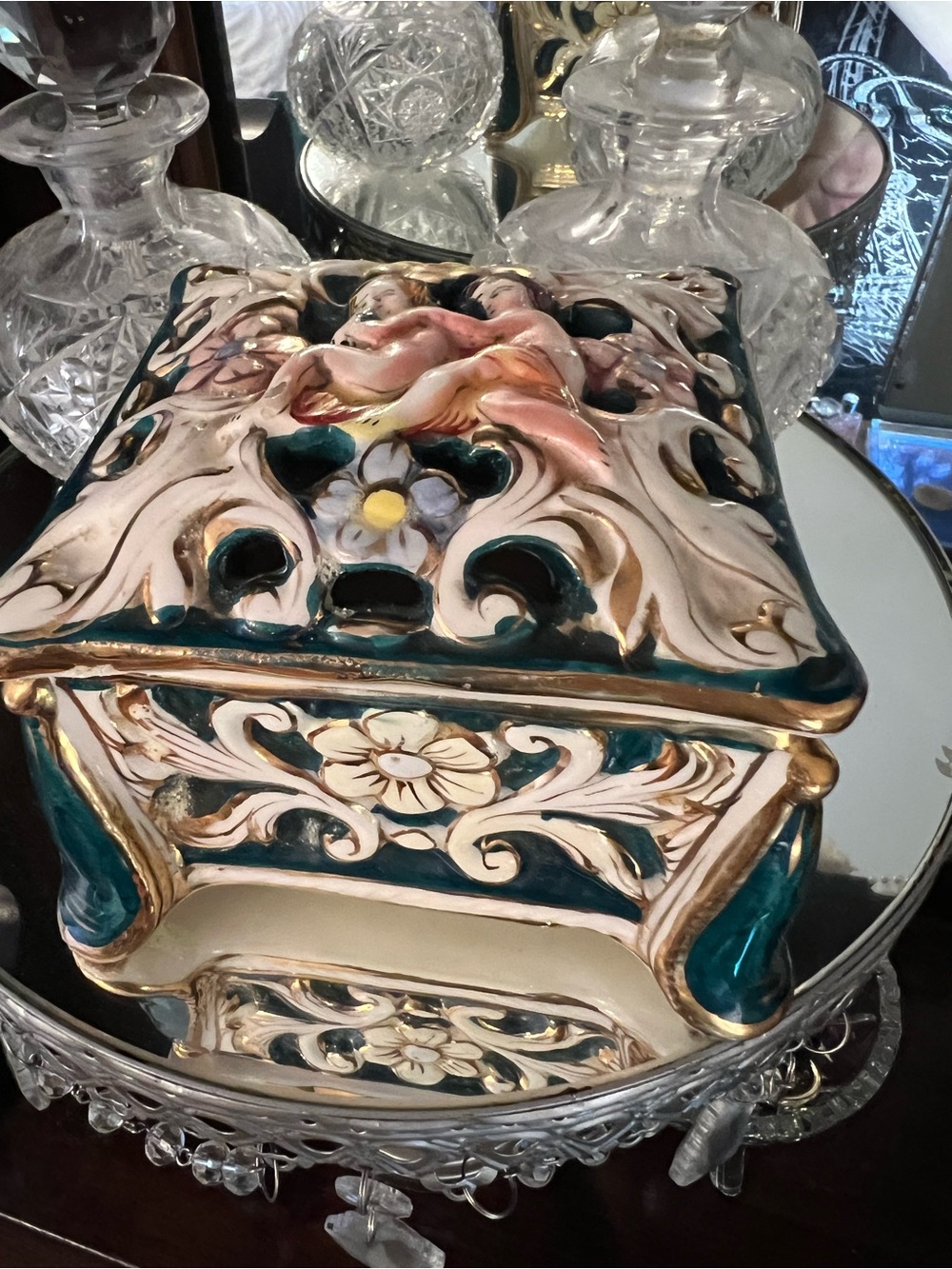 DG made in Italy Ornate Cherubs Teal and White Decorative Ceramic Container